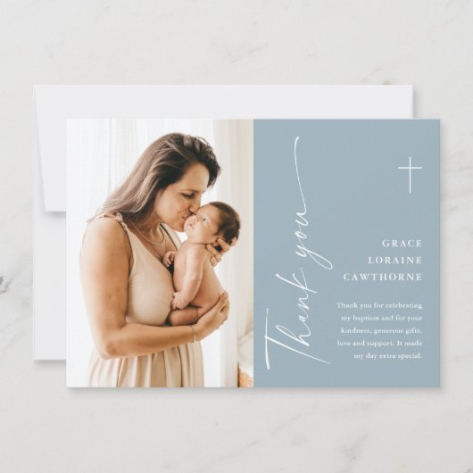 Modern Elegant Script Photo Baptism Bedankkaart (Voorkant)