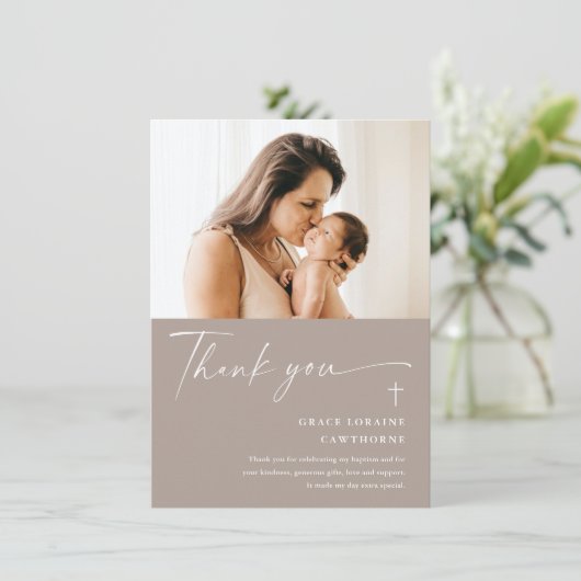 Modern Elegant Script Photo Baptism Bedankkaart (Staand voorkant)