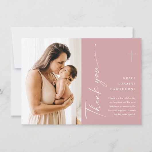 Modern Elegant Script Photo Baptism Bedankkaart (Voorkant)