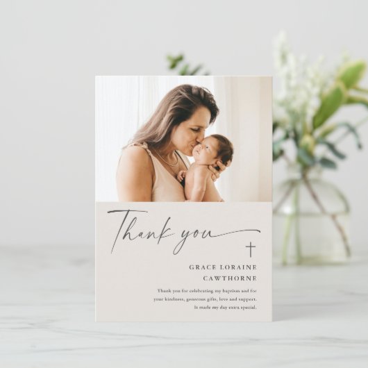 Modern Elegant Script Photo Baptism Bedankkaart (Staand voorkant)