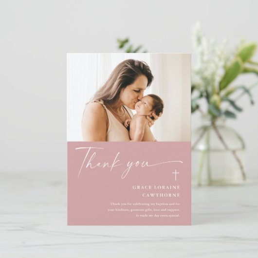Modern Elegant Script Photo Baptism Bedankkaart (Staand voorkant)