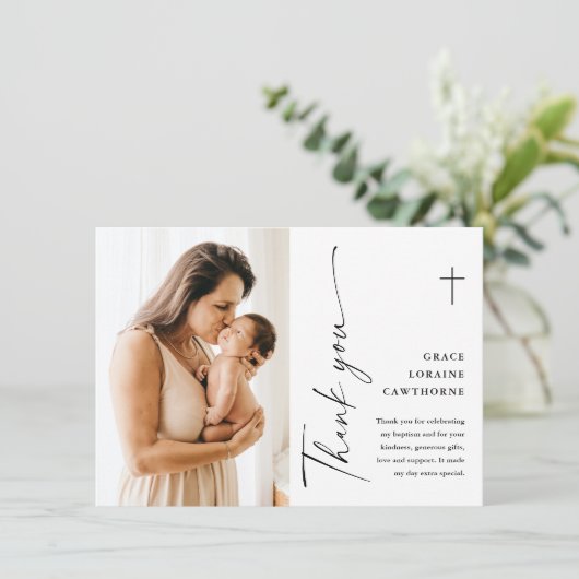 Modern Elegant Script Photo Baptism Bedankkaart (Staand voorkant)