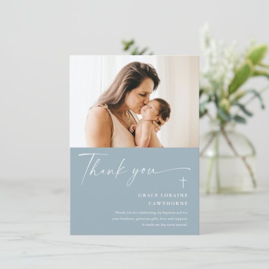 Modern Elegant Script Photo Baptism Bedankkaart (Staand voorkant)