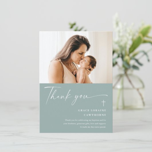 Modern Elegant Script Photo Baptism Bedankkaart (Staand voorkant)