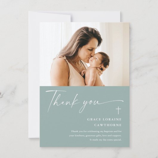 Modern Elegant Script Photo Baptism Bedankkaart (Voorkant)