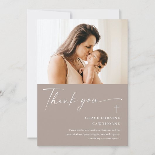 Modern Elegant Script Photo Baptism Dank je kaart (Voorkant)