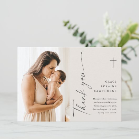 Modern Elegant Script Photo Baptism Dank je kaart (Staand voorkant)