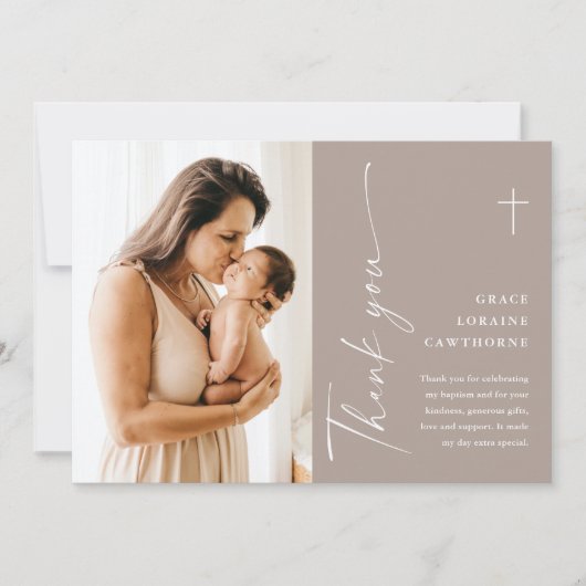 Modern Elegant Script Photo Baptism Dank je kaart (Voorkant)