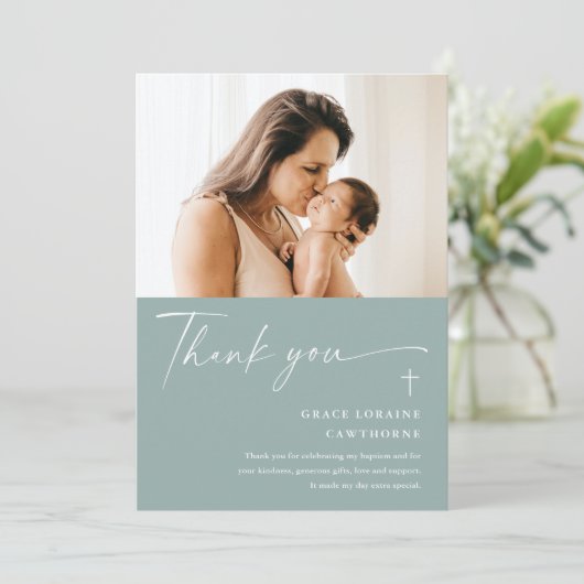Modern Elegant Script Photo Baptism Dank je kaart (Staand voorkant)