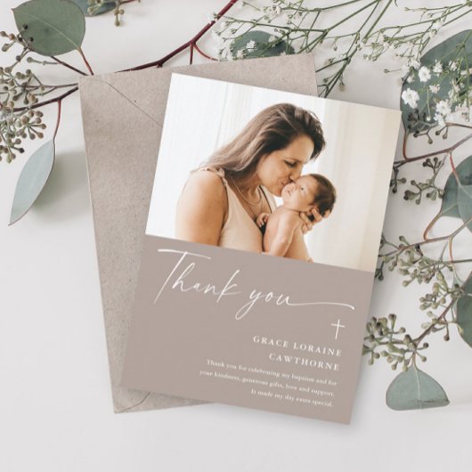Modern Elegant Script Photo Baptism Dank je kaart