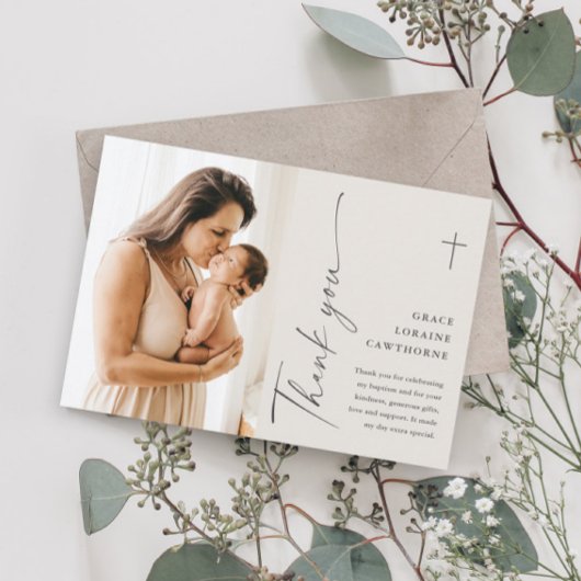 Modern Elegant Script Photo Baptism Dank je kaart
