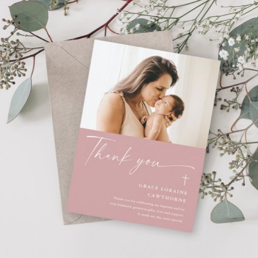 Modern Elegant Script Photo Baptism Dank je kaart