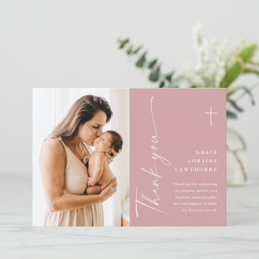 Modern Elegant Script Photo Baptism Dank je kaart (Staand voorkant)