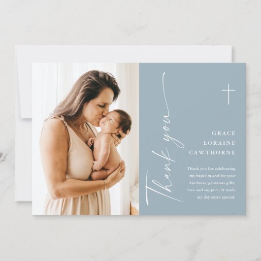 Modern Elegant Script Photo Baptism Dank je kaart (Voorkant)