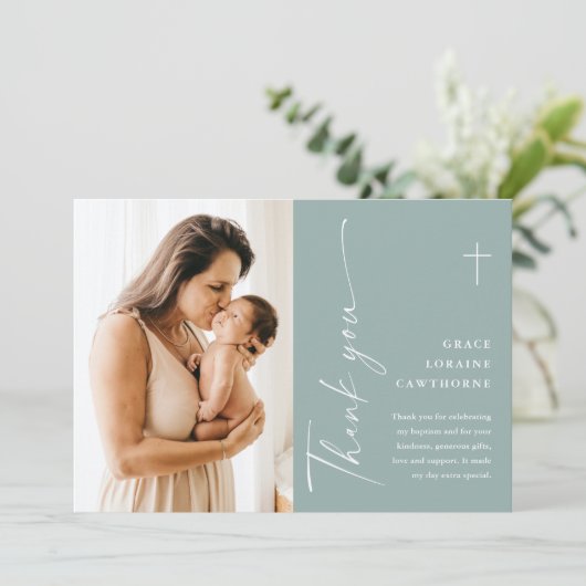 Modern Elegant Script Photo Baptism Dank je kaart (Staand voorkant)