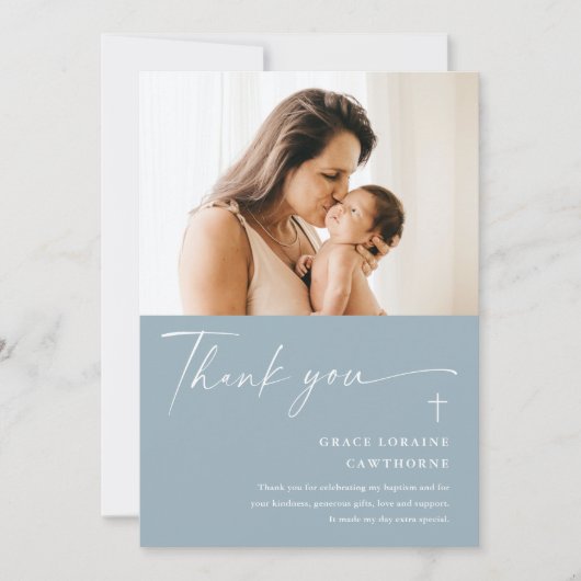 Modern Elegant Script Photo Baptism Dank je kaart (Voorkant)