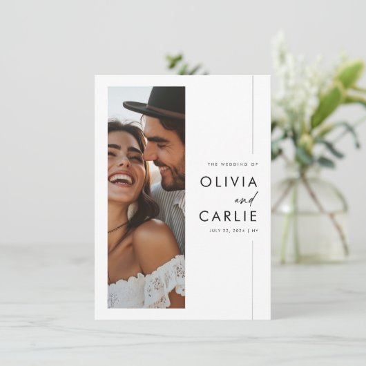 Modern Elegant Script Photo Budget Bruiloft Kaart (Staand voorkant)