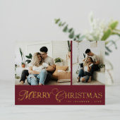 Modern Elegant Script Photo Collage Gold Christmas Folie Feestdagenkaart (Staand Voorkant)