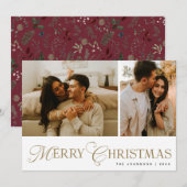 Modern Elegant Script Photo Collage Red Christmas Feestdagenkaart (Voorkant / Achterkant)