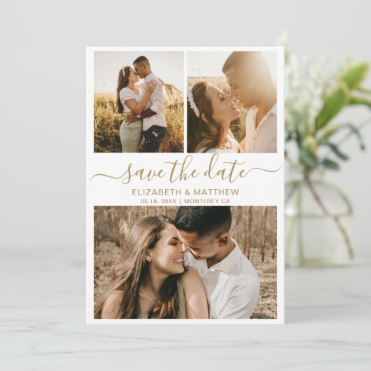 Modern Elegant Script Photo Collage Wedding Save The Date (Staand voorkant)