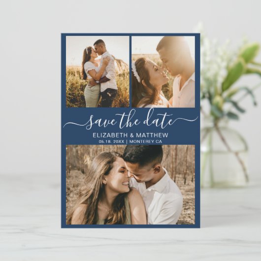 Modern Elegant Script Photo Collage Wedding Save The Date (Staand voorkant)