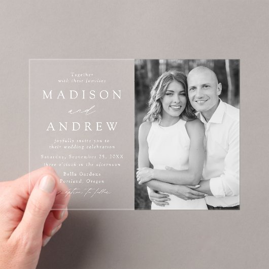 Modern Elegant Script Photo Wedding Acryl Uitnodigingen (Insitu (Draagbaar))