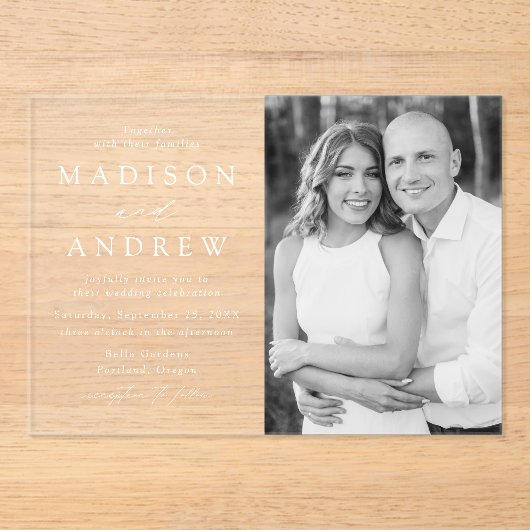 Modern Elegant Script Photo Wedding Acryl Uitnodigingen (Voorkant)