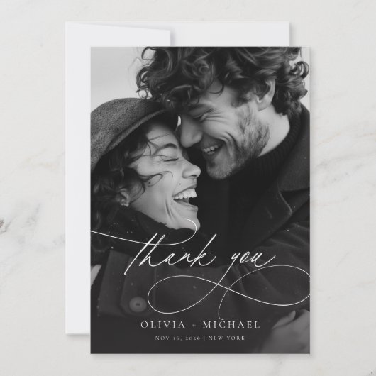 Modern Elegant Script Photo Wedding Bedankkaart (Voorkant)