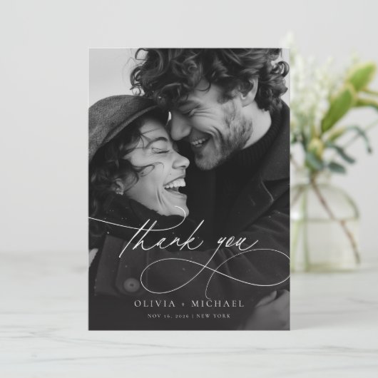 Modern Elegant Script Photo Wedding Bedankkaart (Staand voorkant)