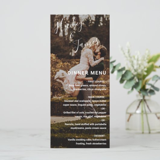 Modern Elegant Script Photo Wedding Menu (Staand voorkant)