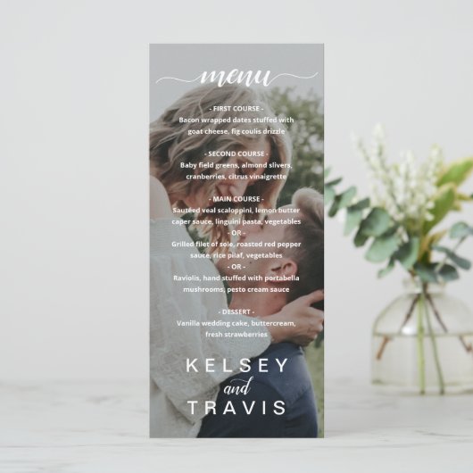 Modern Elegant Script Photo Wedding Menu (Staand voorkant)
