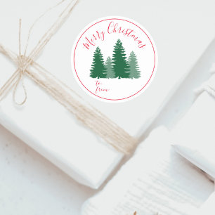 Modern Elegant Script Pine Trees Kerstcadeau Ronde Sticker