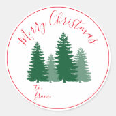 Modern Elegant Script Pine Trees Kerstcadeau Ronde Sticker (Voorkant)