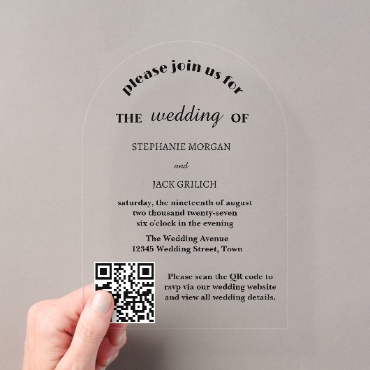Modern elegant script QR-code budget bruiloft Acryl Uitnodigingen (Insitu (Draagbaar))