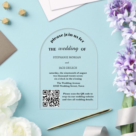 Modern elegant script QR-code budget bruiloft Acryl Uitnodigingen (Insitu (Huwelijk))