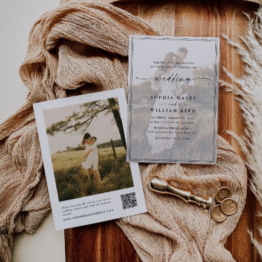 Modern Elegant Script QR Code Foto Budget Bruiloft Kaart