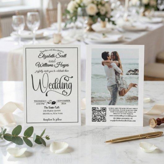 Modern Elegant Script QR Code Photo Budget Wedding Kaart