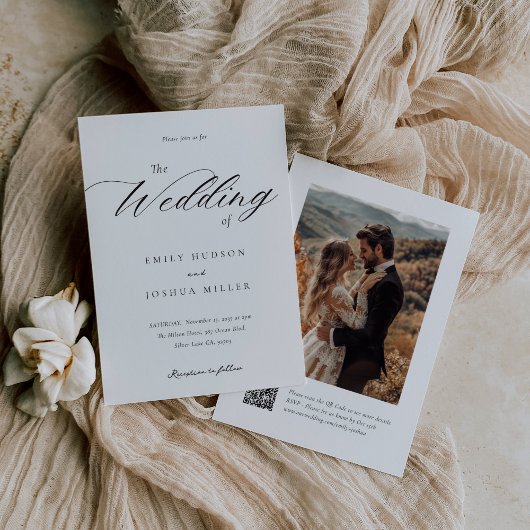 Modern Elegant Script QR foto bruiloft uitnodiging