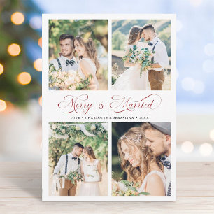 Modern Elegant Script Red Merry & Married 4 Foto Feestdagenkaart