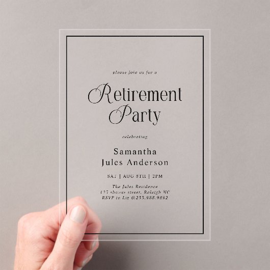Modern Elegant Script Retirement Party  Acryl Uitnodigingen (Insitu (Draagbaar))