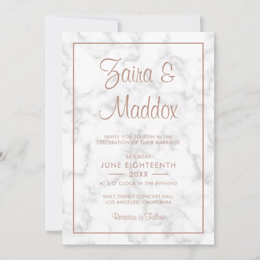 Modern Elegant Script Roos Gold Marble Wedding Kaart (Voorkant)