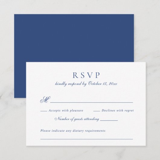 Modern Elegant Script Royal Blue Wedding RSVP Kaart (Voorkant / Achterkant)