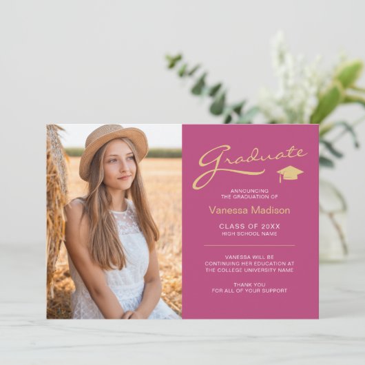 Modern elegant script roze & Gold | 2 Foto-Afstude Aankondiging (Staand voorkant)