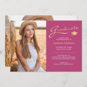 Modern elegant script roze & Gold | 2 Foto-Afstude Aankondiging (Voorkant / Achterkant)