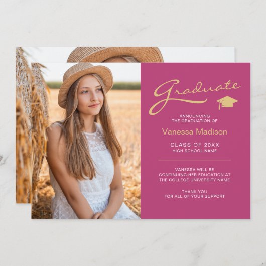 Modern elegant script roze & Gold | 2 Foto-Afstude Aankondiging (Voorkant / Achterkant)