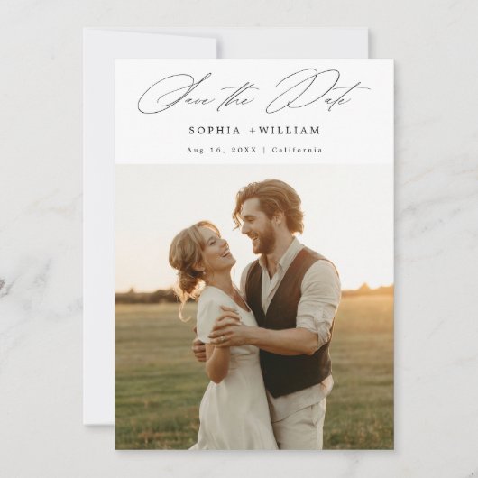 Modern Elegant Script Rustieke Sunset Fotobruiloft Save The Date (Voorkant)