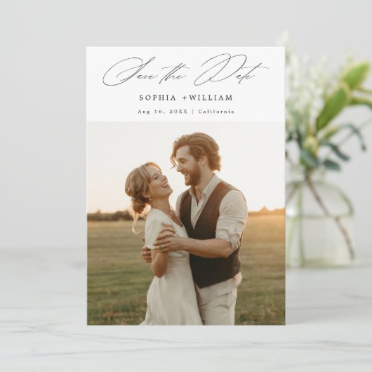 Modern Elegant Script Rustieke Sunset Fotobruiloft Save The Date (Staand voorkant)