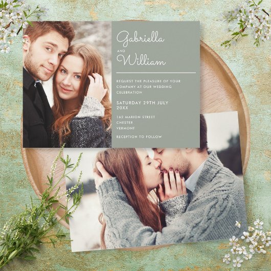 Modern Elegant Script Sage Green 2 Photo Wedding Kaart
