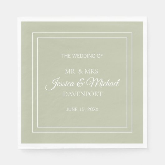 Modern Elegant Script Sage Green White Wedding Servet (Voorkant)