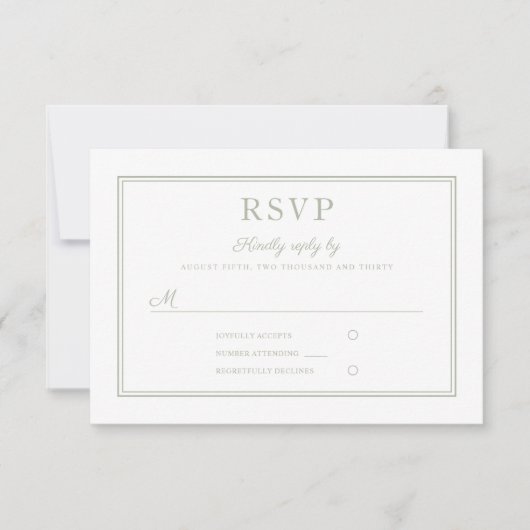 Modern Elegant Script Sage Groene Bruiloft RSVP Ka (Voorkant)